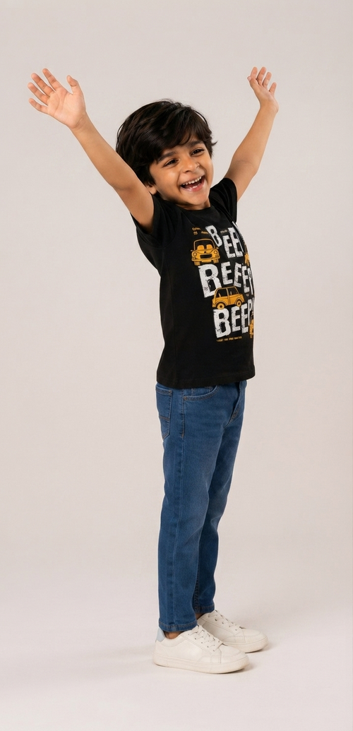 Kids Black Graphic Printed T-Shirt & Formal Blue Jeans Set